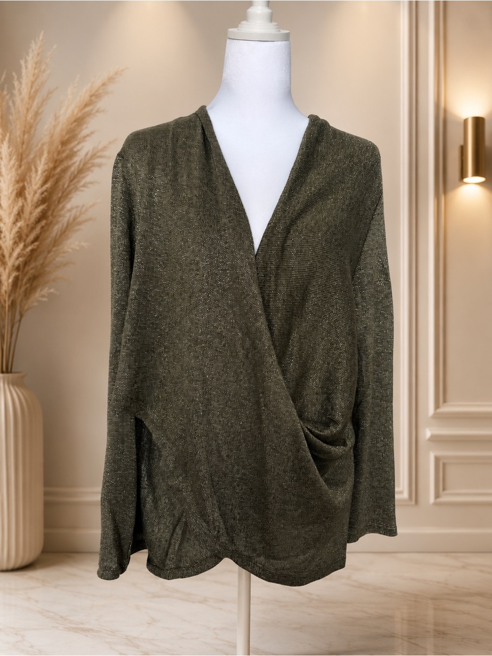 1. State Olive Green V-Neck Draped Sweater size XL